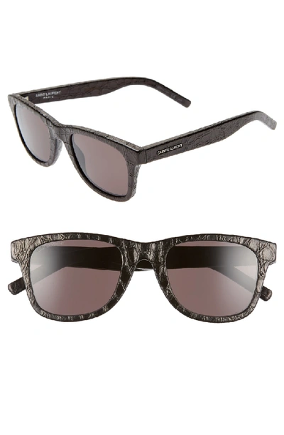 Shop Saint Laurent 50mm Leather Wrapped Flat Top Sunglasses In Black Croco/ Grey