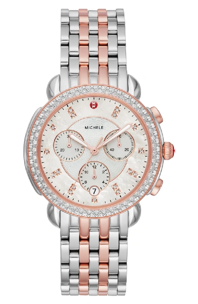 Shop Michele Sidney Chrono Diamond Dial Watch Case, 38mm In Rose Gold/ Mop/ Silver