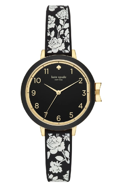 Shop Kate Spade Park Row Silicone Strap Watch, 34mm In Black/ Gold