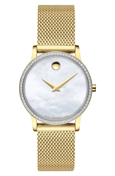 Shop Movado Museum Classic Diamond Bracelet Watch, 28mm In Gold/ White Mop/ Gold