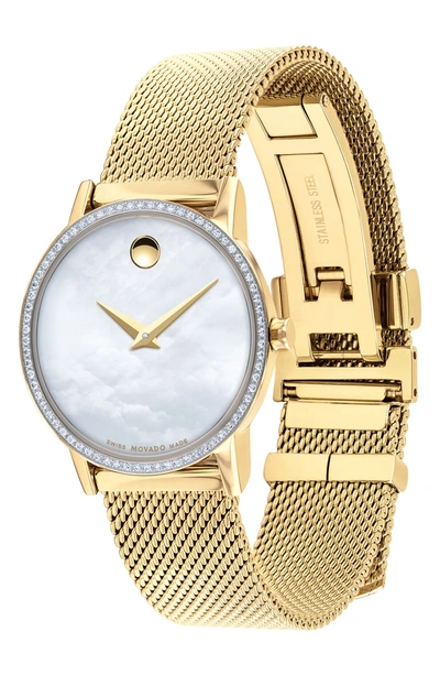 Shop Movado Museum Classic Diamond Bracelet Watch, 28mm In Gold/ White Mop/ Gold