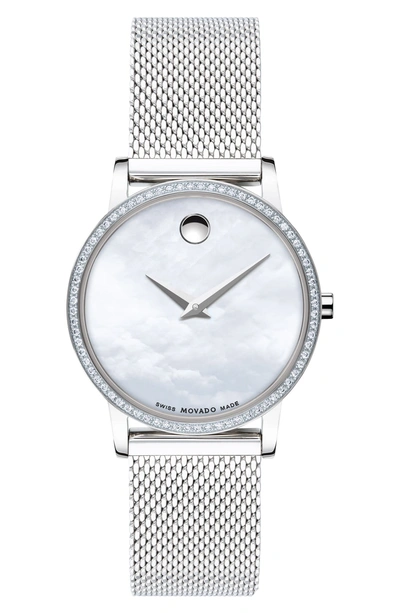 Shop Movado Museum Classic Diamond Bracelet Watch, 28mm In Silver/ White Mop/ Silver