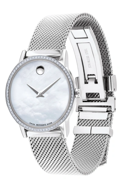 Shop Movado Museum Classic Diamond Bracelet Watch, 28mm In Silver/ White Mop/ Silver