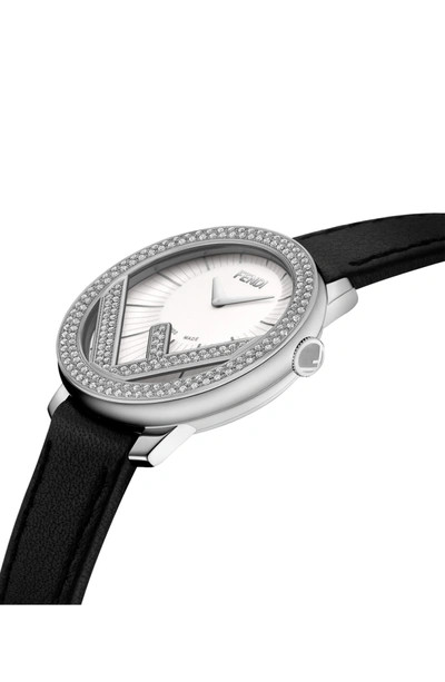 Shop Fendi Run Away Diamond Leather Strap Watch, 28mm In Black/ White/ Silver