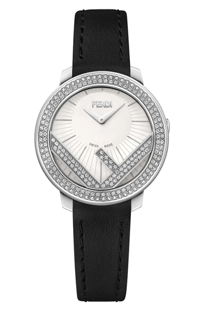 Shop Fendi Run Away Diamond Leather Strap Watch, 28mm In Black/ White/ Silver