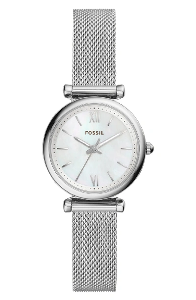 Shop Fossil Mini Carlie Mesh Strap Watch, 28mm In Silver/mother Pearl/silver
