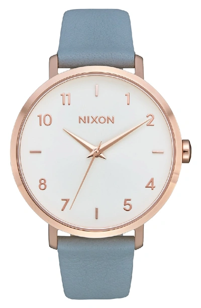 Shop Nixon The Arrow Leather Strap Watch, 38mm In Blue/ White/ Rose Gold