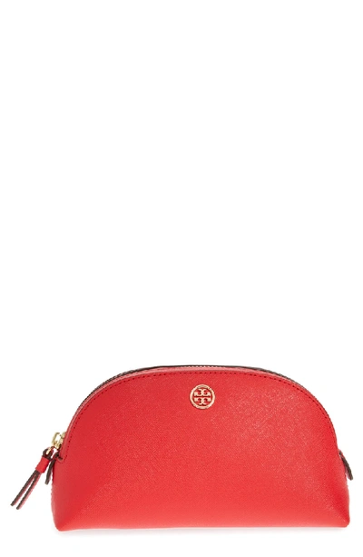 Shop Tory Burch Robinson Small Leather Cosmetic Bag In Brilliant Red