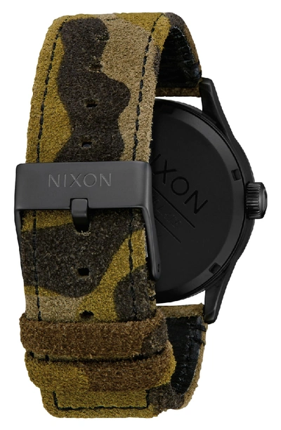 Shop Nixon The Sentry Leather Strap Watch, 42mm In Camo/ Black