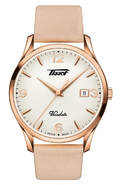 Shop Tissot Heritage Visodate Leather Strap Watch, 40mm In Pink/ White/ Rose Gold