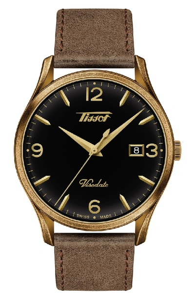 Shop Tissot Heritage Visodate Leather Strap Watch, 40mm In Brown/ Black/ Brass