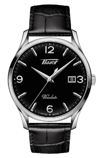 Shop Tissot Heritage Visodate Leather Strap Watch, 40mm In Black/ Silver