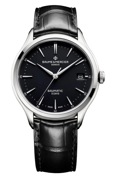 Shop Baume & Mercier Baumatic Automatic Leather Strap Watch, 40mm In Black/ Black