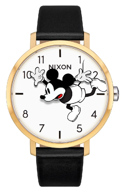 Shop Nixon X Disney Arrow Mickey Leather Strap Watch, 38mm In Black/ White/ Gold