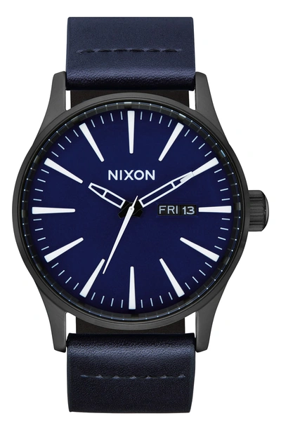 Shop Nixon The Sentry Leather Strap Watch, 42mm In Black/ Dark Blue/ Black