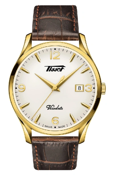 Shop Tissot Heritage Visodate Leather Strap Watch, 40mm In Brown/ White/ Gold
