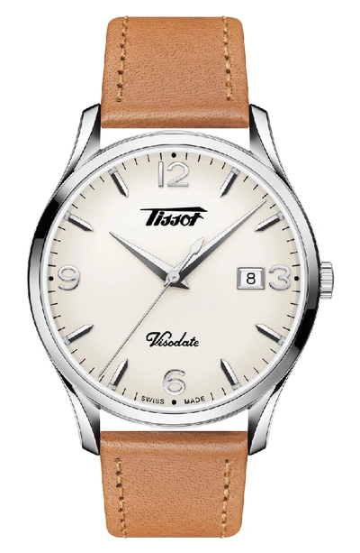 Shop Tissot Heritage Visodate Leather Strap Watch, 40mm In Brown/ White/ Silver