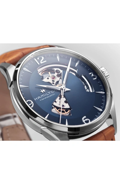 Shop Hamilton Jazzmaster Open Heart Automatic Leather Strap Watch, 42mm In Brown/ Blue/ Silver