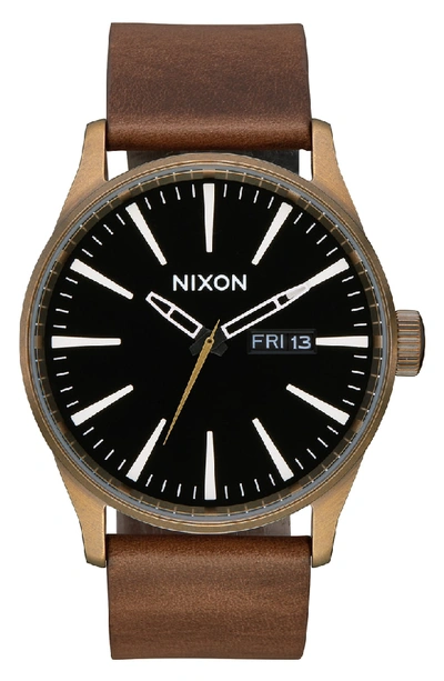 Shop Nixon The Sentry Leather Strap Watch, 42mm In Brown/ Black/ Brass