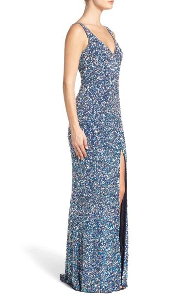 Shop Mac Duggal Sequin Slit Gown In Navy Multi