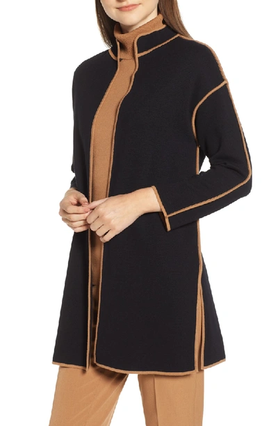 Shop Anne Klein Piped Detail Nehru Sweater Coat In Anne Black/ Vicuna