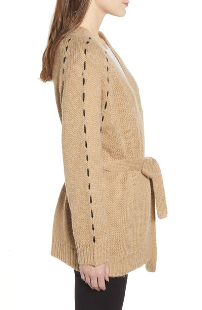 Shop Moon River Contrast Stitch Belted Cardigan In Beige
