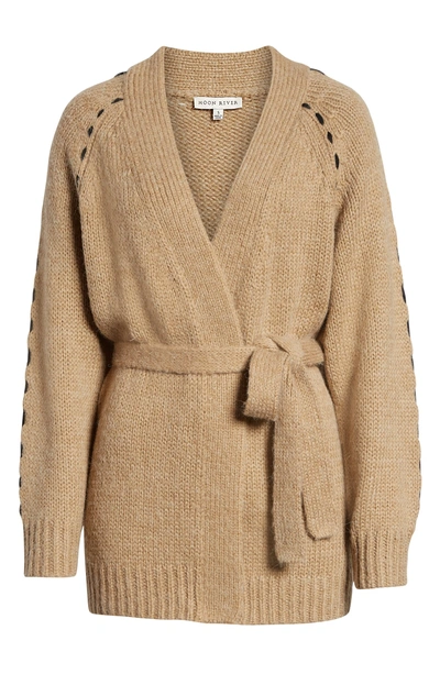 Shop Moon River Contrast Stitch Belted Cardigan In Beige