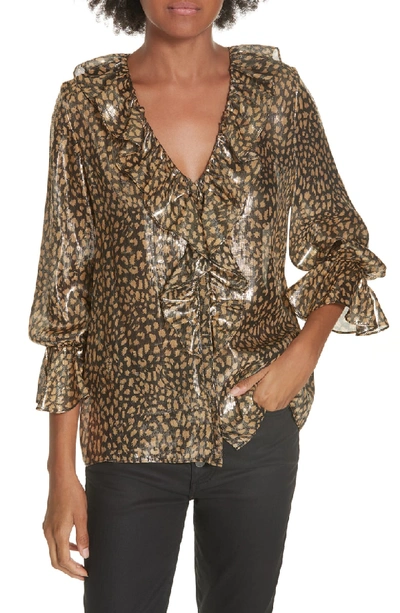 Shop Alice And Olivia Elliot Silk Blend Ruffle Blouse In Black/ Silver/ Gold