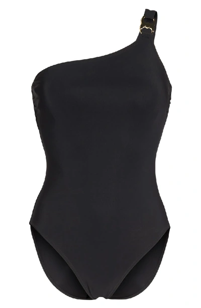Shop Tory Burch Gemini Link One-shoulder One-piece Swimsuit In Black