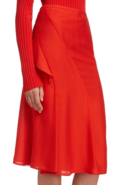Shop Victoria Beckham Ruffle Silk Midi Skirt In Bright Red