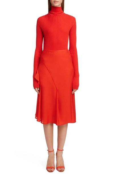 Shop Victoria Beckham Ruffle Silk Midi Skirt In Bright Red