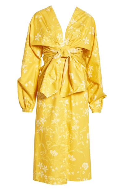 Shop Johanna Ortiz Tie Front Daffodil Print Poplin Midi Dress In Dandelion Off White