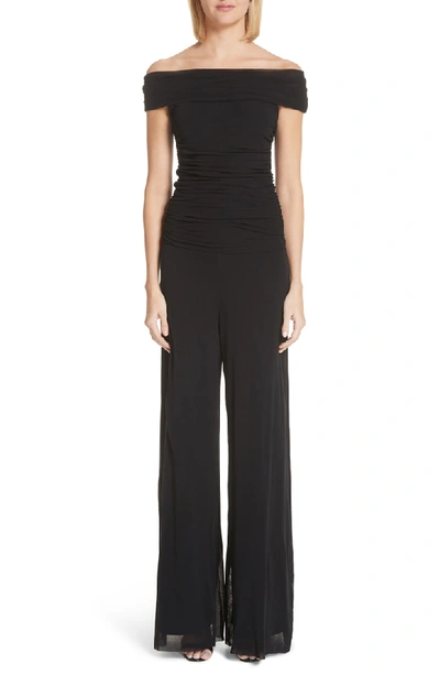 Shop Fuzzi Off The Shoulder Tulle Jumpsuit In Nero