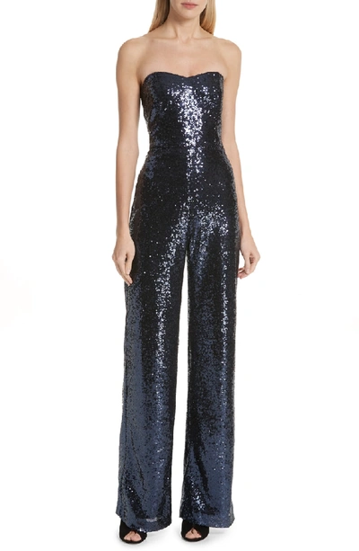 Shop Saloni Faux Feather Trim Satin Backed Crepe Strapless Jumpsuit In Navy