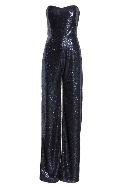 Shop Saloni Faux Feather Trim Satin Backed Crepe Strapless Jumpsuit In Navy