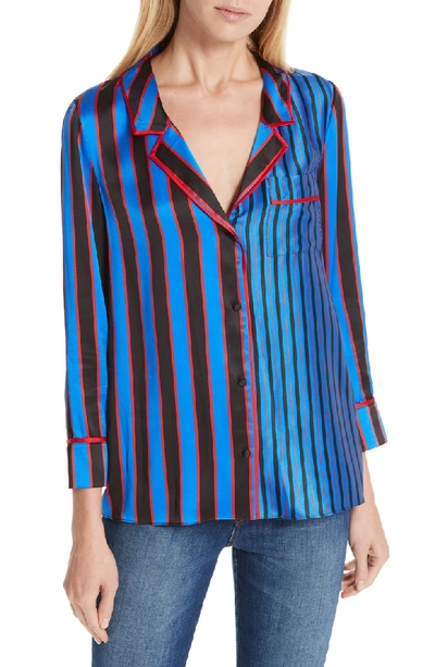 Shop Alice And Olivia Keir Piped Silk Pajama Shirt In Tricolor Pinstripe Black Multi