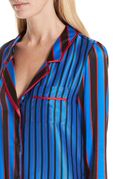 Shop Alice And Olivia Keir Piped Silk Pajama Shirt In Tricolor Pinstripe Black Multi