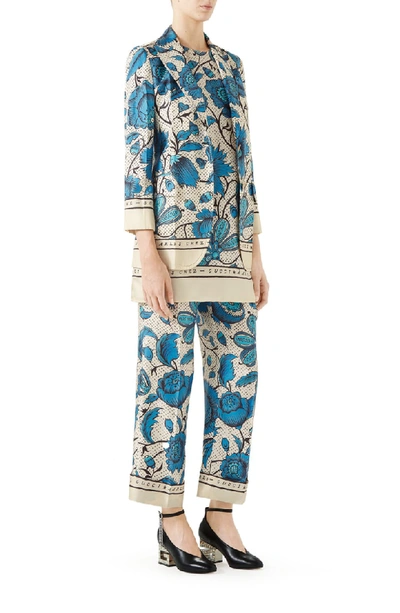 Shop Gucci Watercolor Floral Print Silk Jacket In 4821 Blue/ Ivory Prt/ Mc