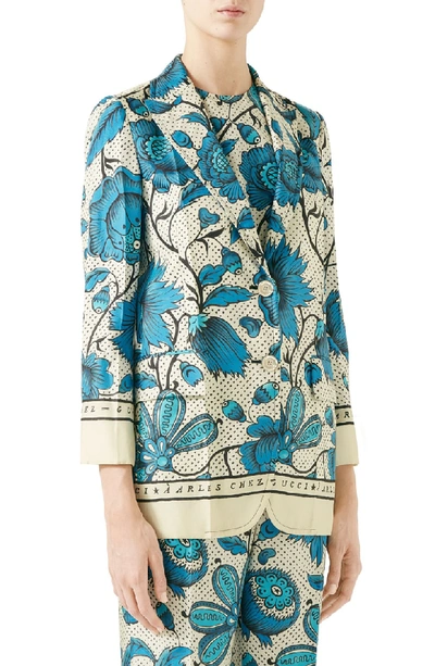 Shop Gucci Watercolor Floral Print Silk Jacket In 4821 Blue/ Ivory Prt/ Mc