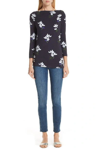 Shop St John Small Scale Painted Floral Print Top In Navy Multi