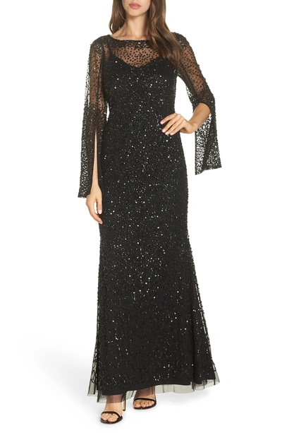 Shop Adrianna Papell Sequin Beaded Split Cuff Gown In Black