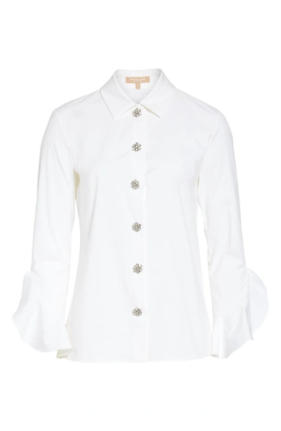 Shop Michael Kors Ruffle Cuff Jeweled Button Blouse In Optic White