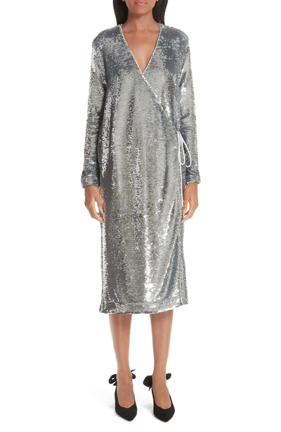 Shop Ganni Sequin Dress In Silver 018