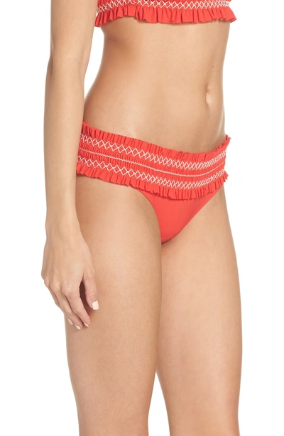 Shop Tory Burch Costa Smocked Hipster Bikini Bottoms In Poppy Red / New Ivory