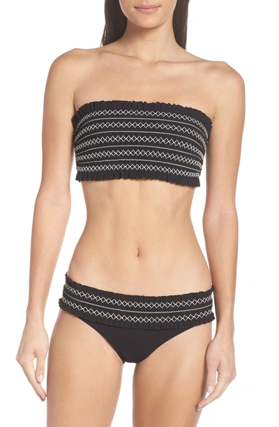 Shop Tory Burch Costa Smocked Hipster Bikini Bottoms In Black/ New Ivory