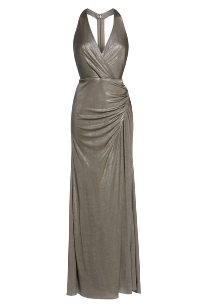 Shop Adrianna Papell Ruched Metallic Jersey Gown In Mink