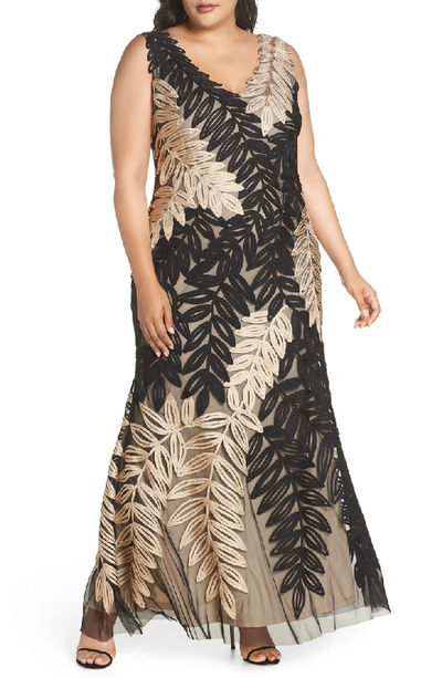 Shop Js Collections Two-tone Embroidered Leaf Gown In Black/ Gold