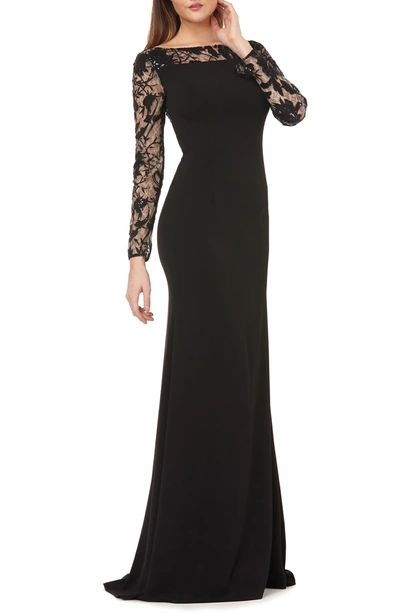 Shop Carmen Marc Valvo Infusion Lace & Crepe Gown In Black