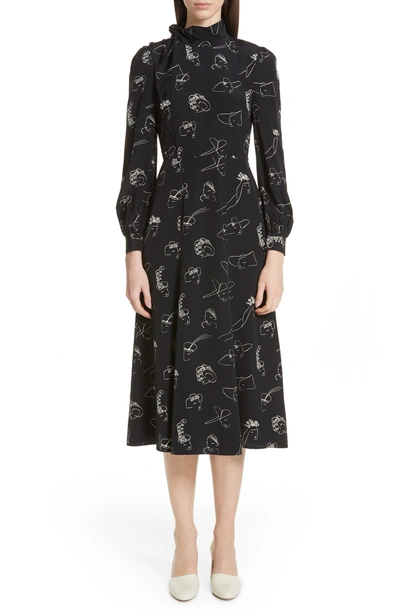 Shop Co Hat Print Button Shoulder Silk Dress In Black