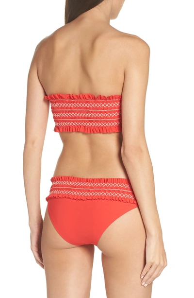 Shop Tory Burch Costa Smocked Bandeau Bikini Top In Poppy Red / New Ivory